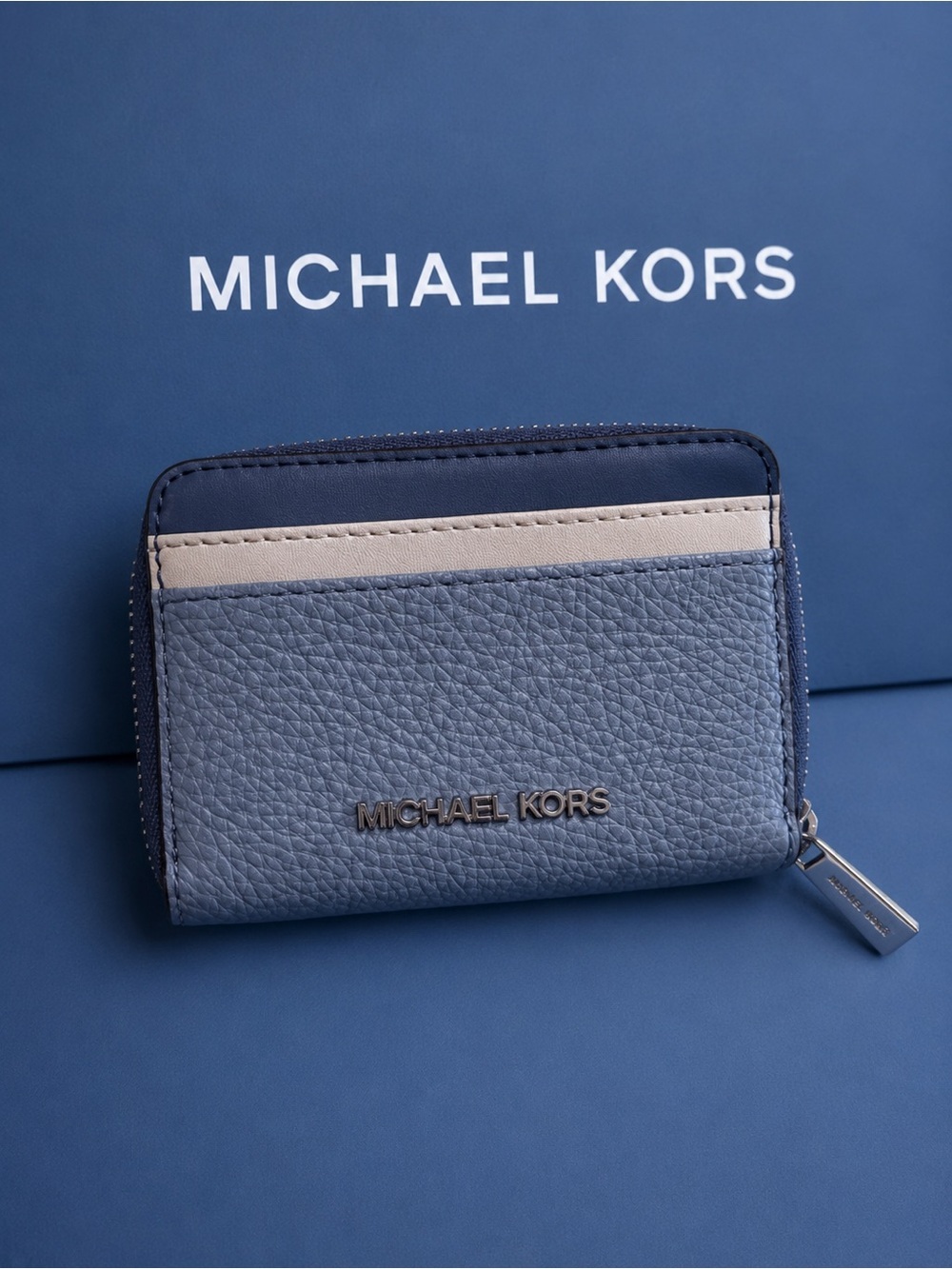 Michael Kors Pebbled Leather Zip Card Case Wallet – Blue Multi